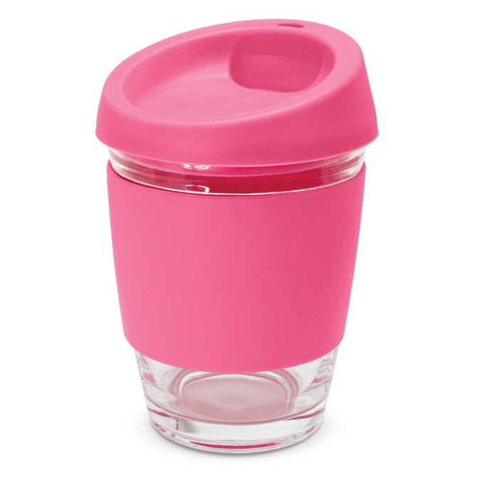 A drink bottle with a pink silicone lid and sleeve, featuring a glass body. It has a smooth, modern design.