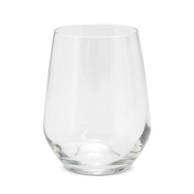 A stemless glass with a clear, smooth design and a rounded base, suitable for various beverages.