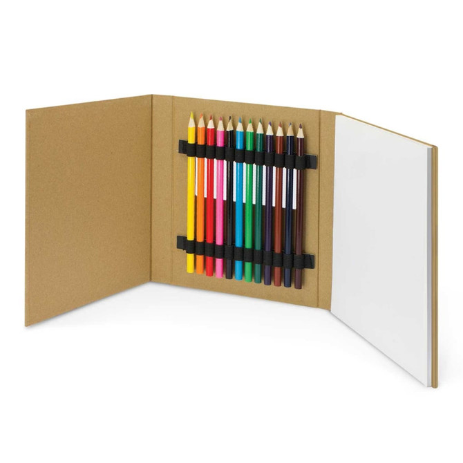 A sketch set featuring a range of coloured pencils in various hues and a blank notebook. The set is contained in a kraft cover with elastic bands.