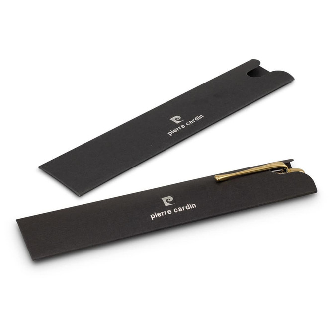 A metal pen with a sleek gold finish, displayed within a black case featuring branding.