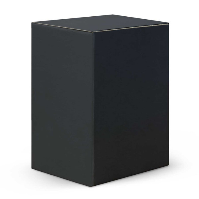 A drink bottle in a black box packaging with a simple, sleek design and a logo.
