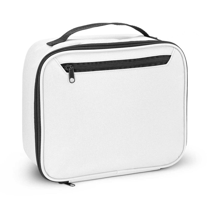 A white lunch cooler bag with a black zippered pocket and handle. It features a plain design with no visible logos.