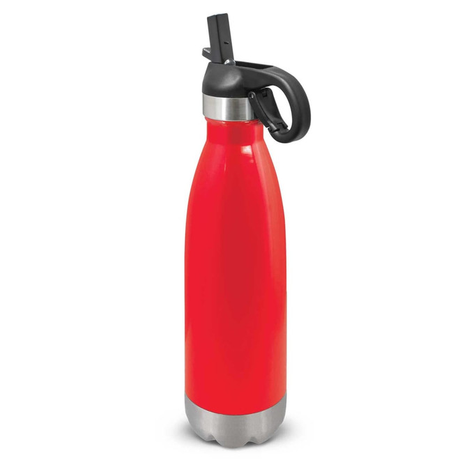 A drink bottle featuring a sleek red design with a flip lid and a black handle, made of stainless steel.