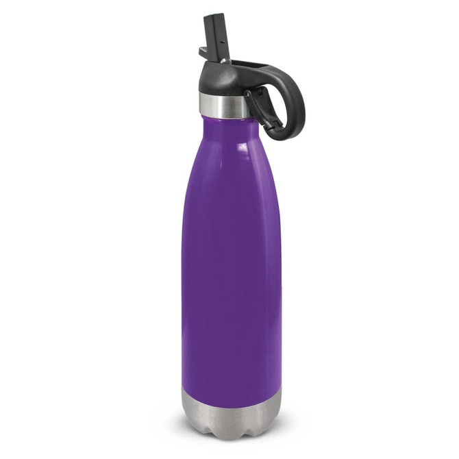 A drink bottle featuring a sleek purple design with a stainless steel bottom and a flip lid for easy access.