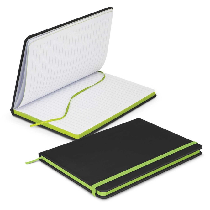 A black notebook with a green accent, featuring lined pages and a ribbon bookmark, displayed open and closed.