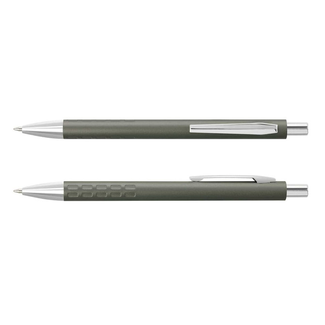 A metal pen in a sleek olive green finish with silver accents, featuring a textured grip and a clip for easy attachment.