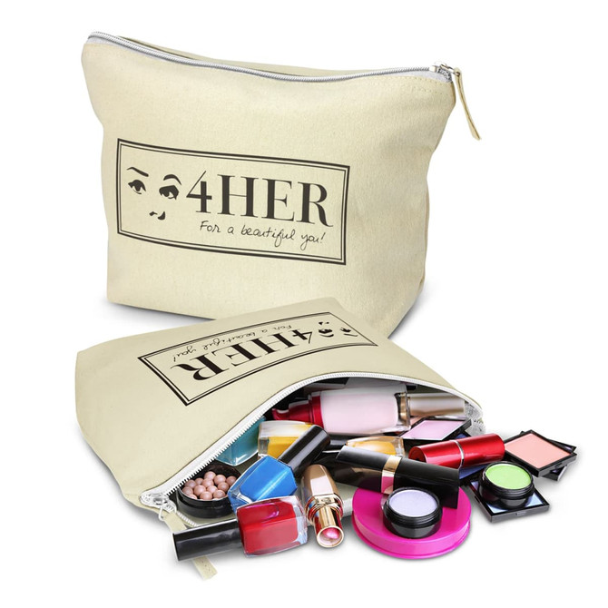 A large cream cosmetic bag filled with various makeup products, including lipsticks, eyeshadows, and nail polish.