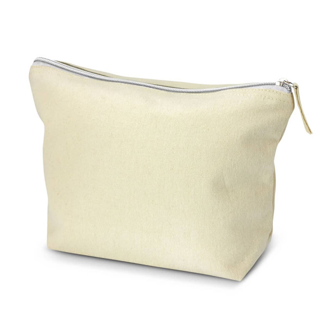 A large cosmetic bag in a soft beige colour with a zip closure and a simple design. It features a logo.