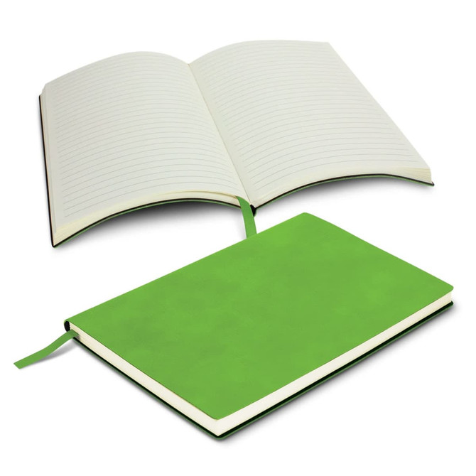 A green soft cover notebook with an open layout, featuring lined pages and a matching ribbon bookmark.
