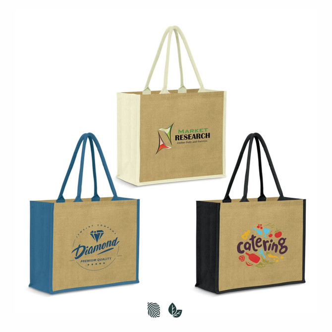 A jute tote bag in natural colour with variations in handle and base colours: blue, black, and plain. Each features a logo.