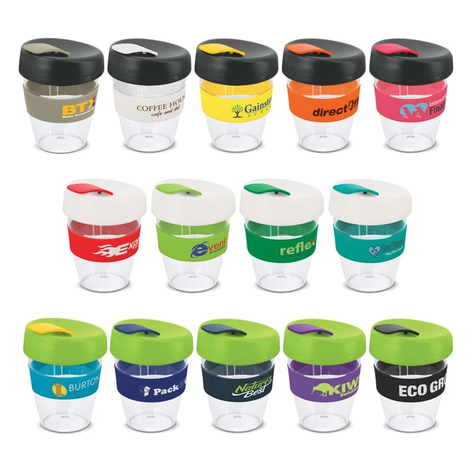A range of colourful drink bottles with various lid designs and branding on each, featuring transparent bodies.
