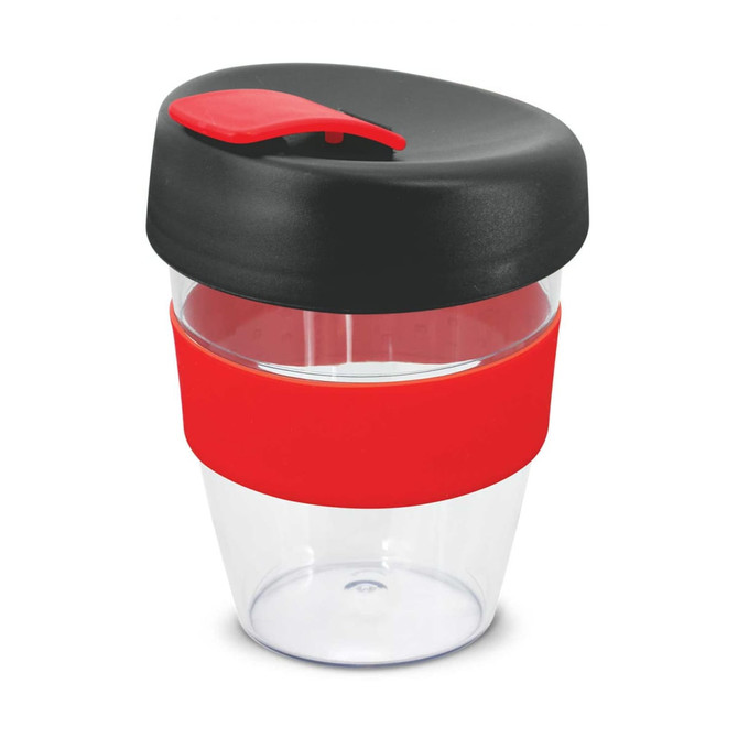 A drink bottle featuring a transparent cup with a red band and black lid. It has a logo on the side.