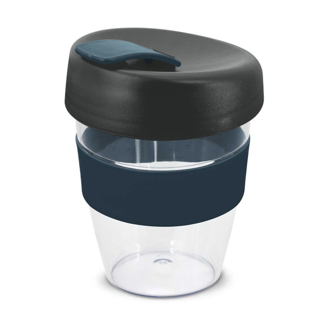 A drink bottle featuring a clear body with a black lid and a navy silicone grip. It has a logo on the side.