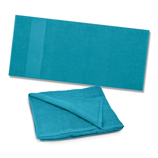 A turquoise beach towel displayed flat alongside a folded version, featuring a textured finish and a branding logo.