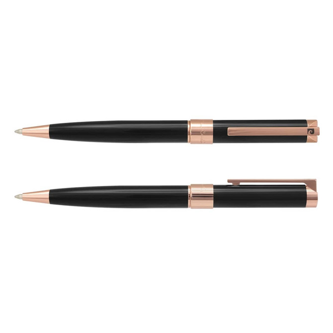 A set of black metal pens with rose gold accents, featuring a sleek design and a logo on the clip.