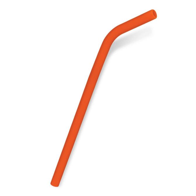 An orange silicone drinking straw with an angled design.