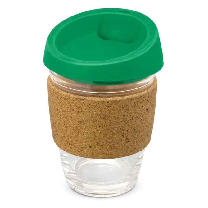 A drink bottle with a clear glass body, a cork band around the middle, and a green silicone lid.