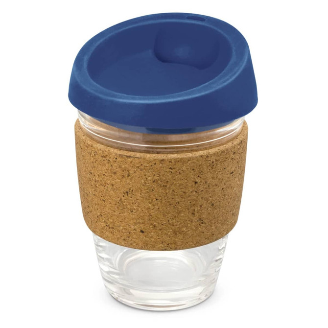 A drink bottle featuring a clear glass body, a cork band for grip, and a blue silicone lid.