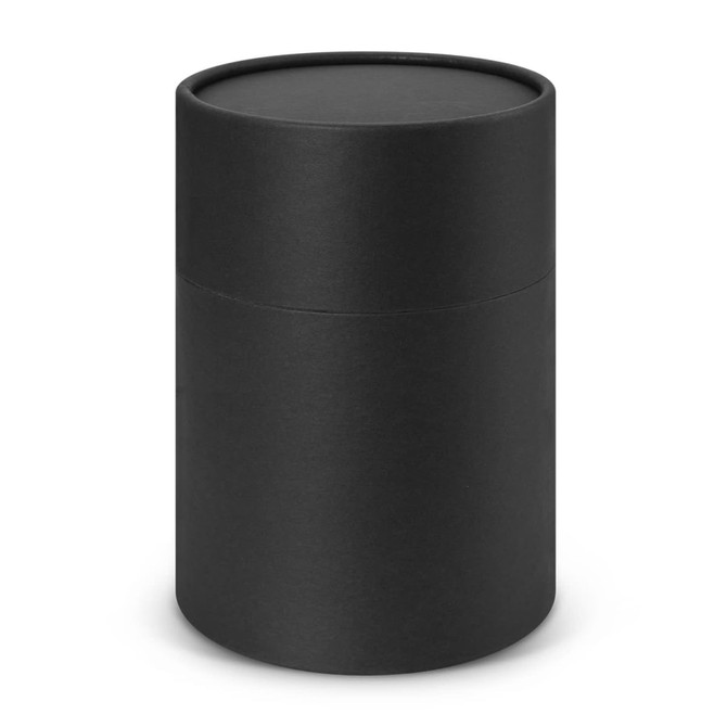 A cylindrical black packaging container with a removable lid, designed for product presentation.