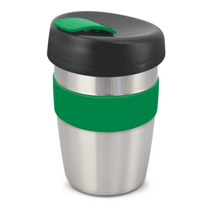 A drink bottle with a stainless steel body, green silicone band, and a black lid. It features a logo on the surface.