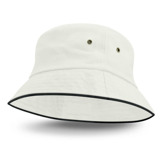 A black sandwich trim bucket hat in a light colour, featuring ventilation eyelets and a wide brim.