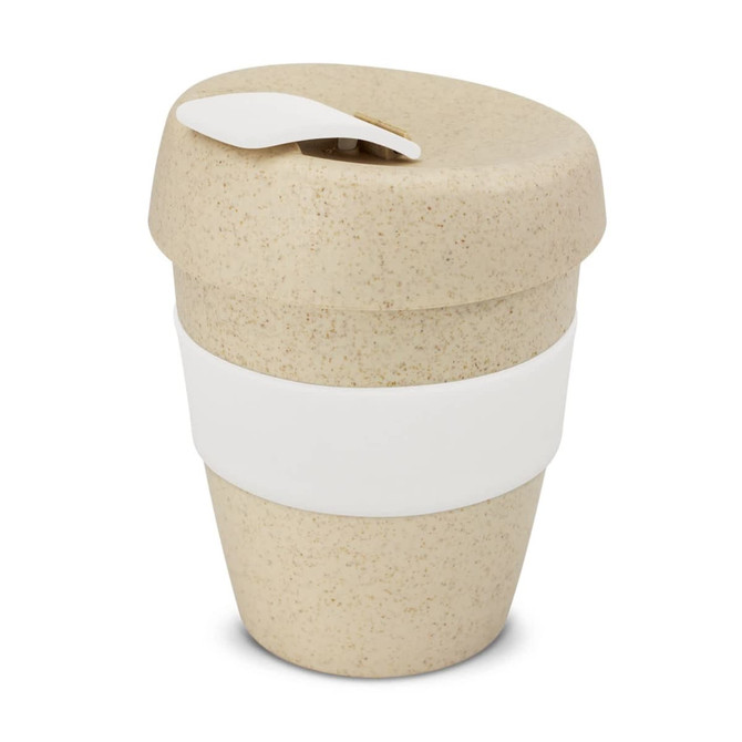 A drink bottle in a natural beige colour with a white band and lid, featuring a logo.