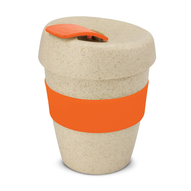A drink bottle in a beige finish with an orange silicone band and a matching lid, featuring a logo.
