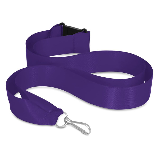 A purple ribbon lanyard with a clip attachment and a plastic buckle. It has a smooth, satin-like finish.