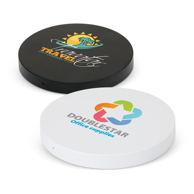 A round wireless charger in black and white, featuring two printed logos on the surface.
