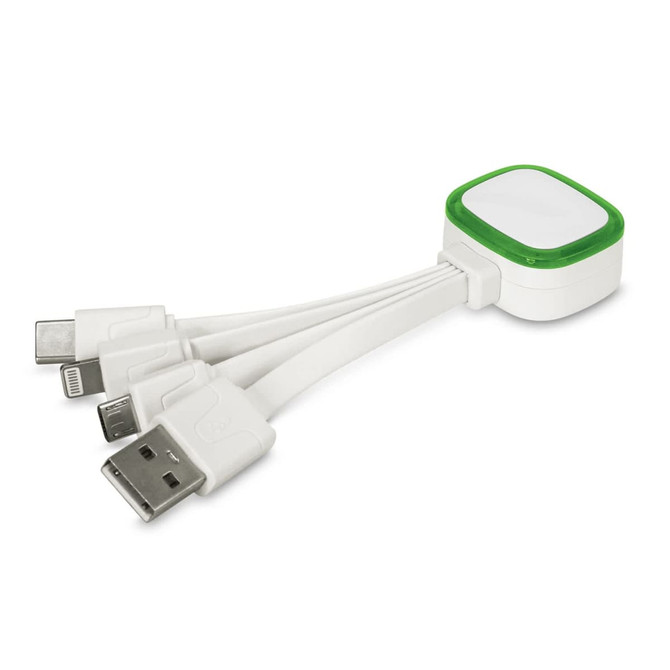 A white charging cable with a green connector, featuring USB, Micro USB, and Lightning ends. It has a branding logo.