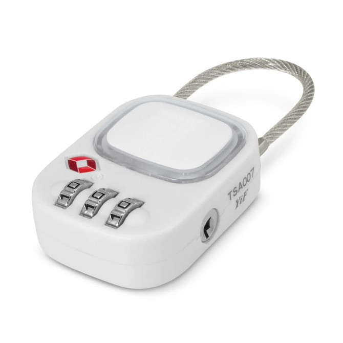 A white Zodiac TSA lock with a cable loop and a combination dial. It features a logo on the front.