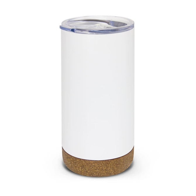 A drink bottle with a white body and a cork base, featuring a transparent lid and a logo.
