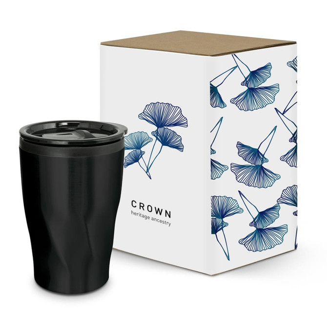 A black coffee cup next to a patterned box featuring blue floral designs and branding.