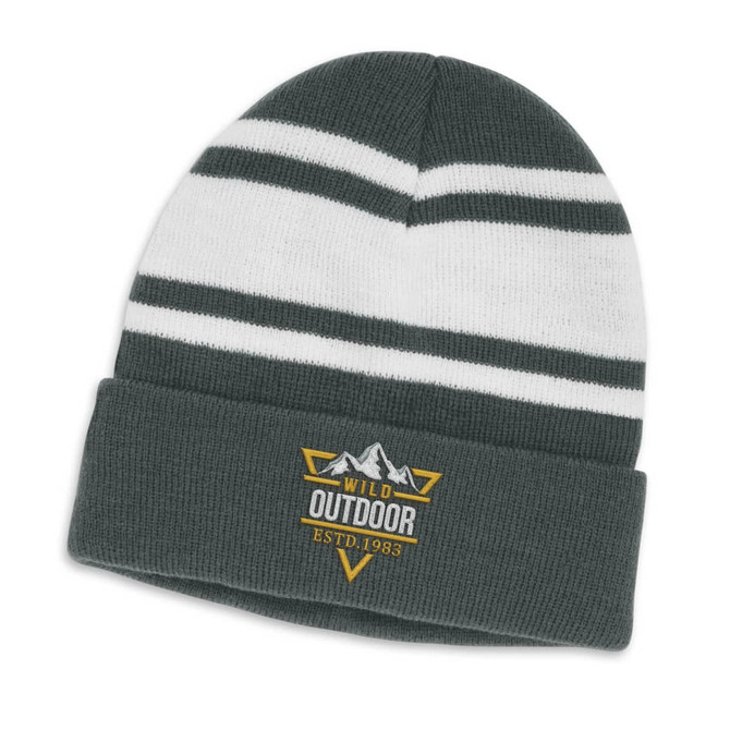 A green and white striped beanie with a folded cuff and a logo on the front.