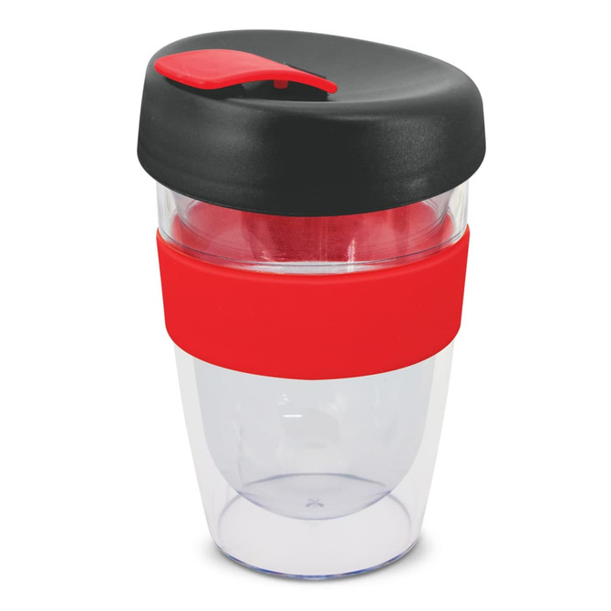 A drink bottle with a transparent body, red silicone band, and a black lid. It has a logo on the side.
