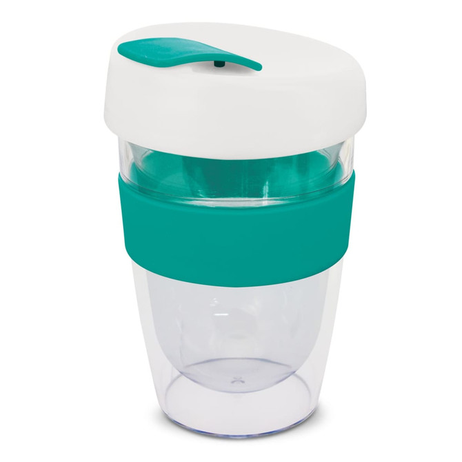 A drink bottle featuring a clear body, teal band, and a white lid. It includes a logo. Holds 330ml.