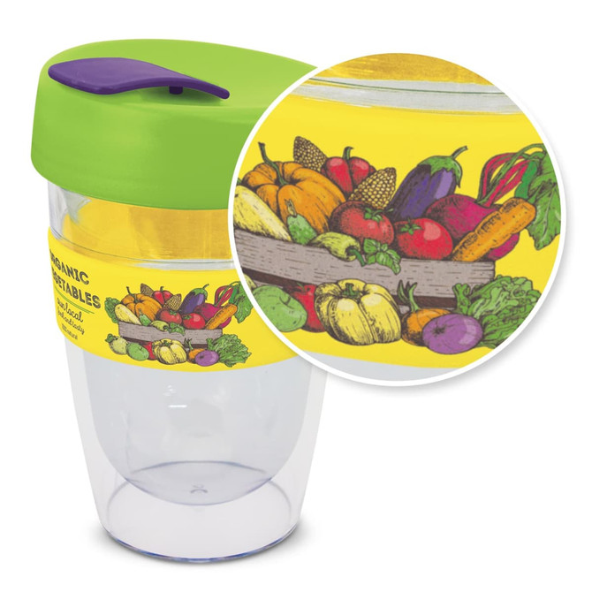 A drink bottle featuring a transparent body, green lid, and an illustrated wrap of various vegetables. It has a logo on it.