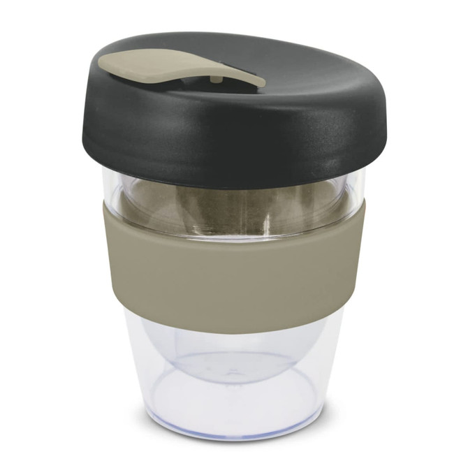 A drink bottle featuring a clear body, black lid, and a tan band, with a minimalist design. It has a logo.