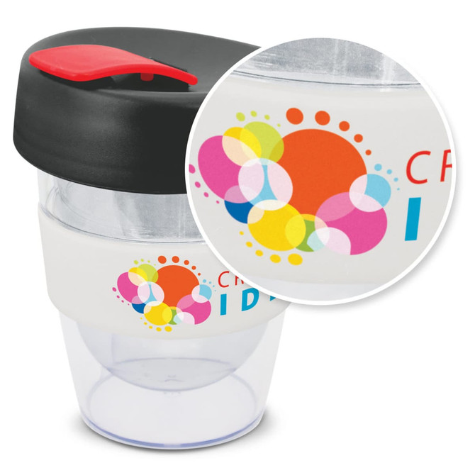 A drink bottle featuring a clear body, black lid, and colourful band with a circular design; includes branding.