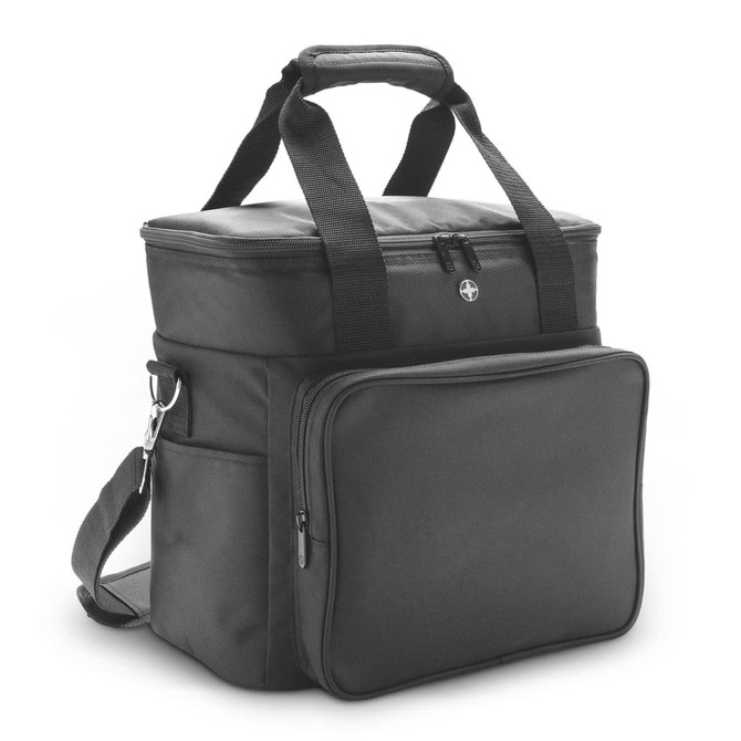 A black cooler bag featuring a zippered front pocket and sturdy handles, with an adjustable shoulder strap.
