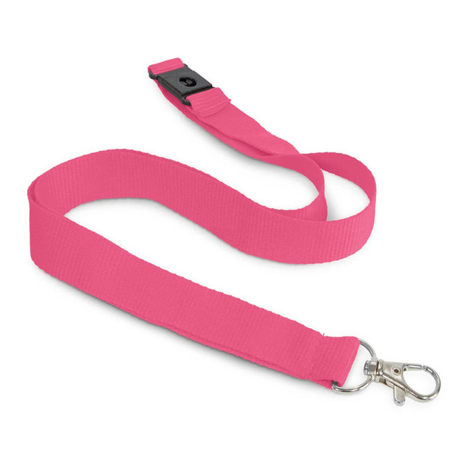 A pink cotton lanyard with a clip at one end and a breakaway feature in the middle. It has a branding logo.