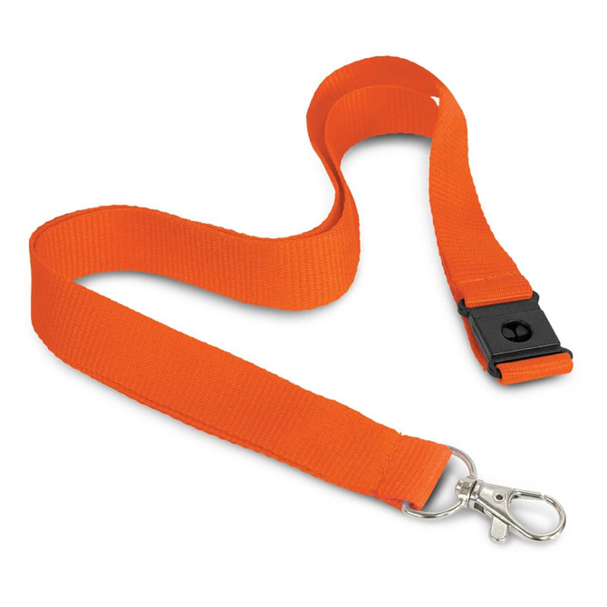 An orange 3D logo lanyard featuring a metal clip and a black buckle.