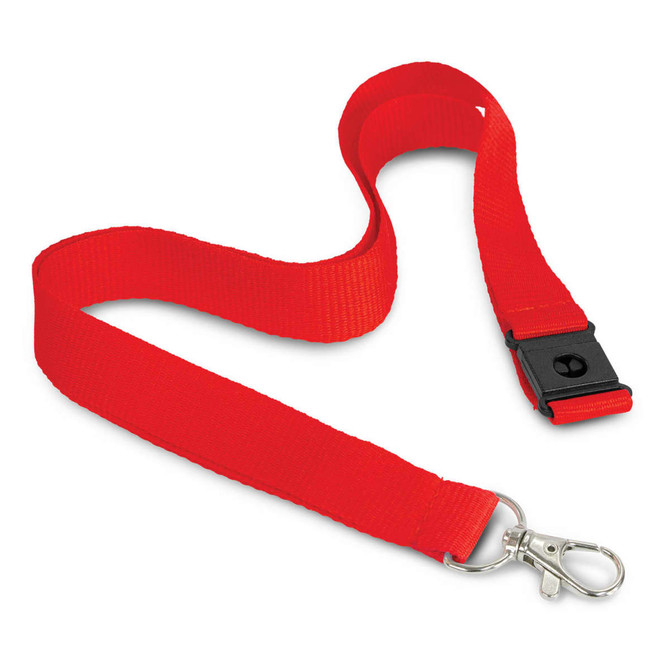 A red 3D logo lanyard made of fabric with a clip at one end and a plastic buckle.