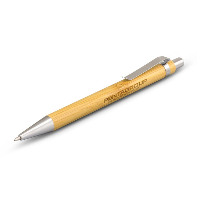 A bamboo pen with a silver metal tip and clip, featuring a logo on the barrel.
