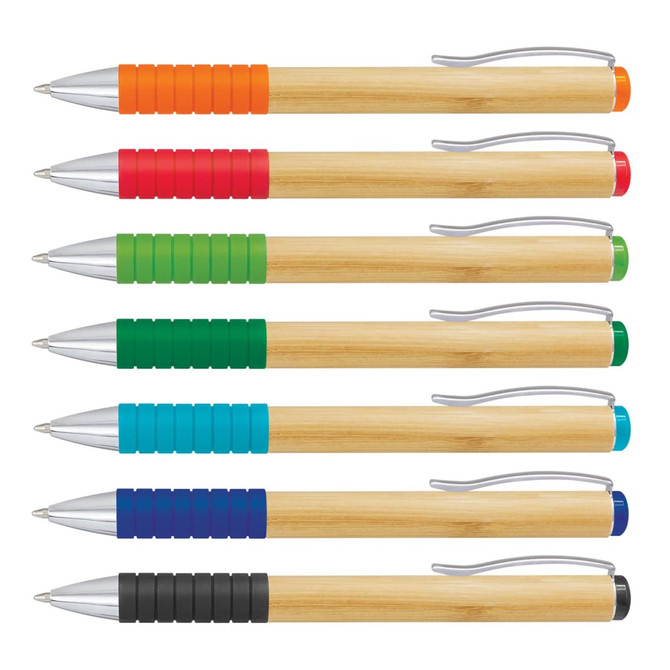 A bamboo twist pen collection featuring eight pens with coloured grips in orange, green, blue, and black.