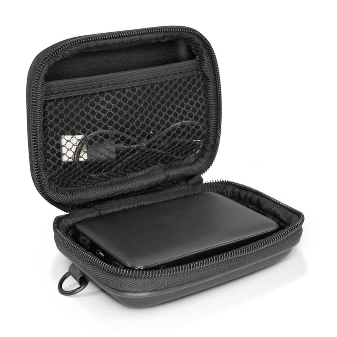 A black power bank is neatly enclosed in a zippered case with a mesh pocket and cables inside.