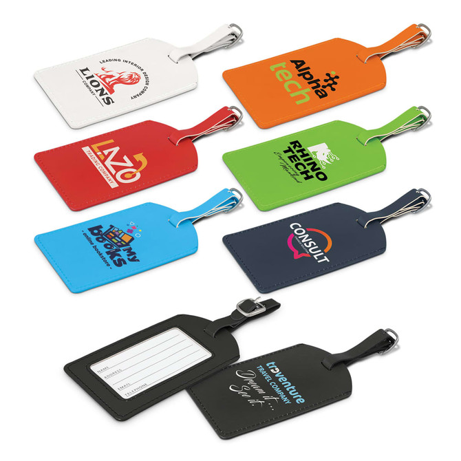 Aero Luggage Tags in various colours including blue, orange, green, black, and white, featuring different logos.