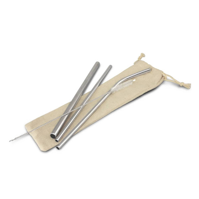 A stainless steel straw set in silver with a cleaning brush, presented in a natural fabric pouch.