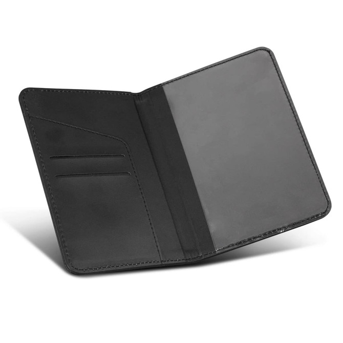 A black passport wallet with multiple card slots and a clear pocket, showcasing a sleek and minimalist design.
