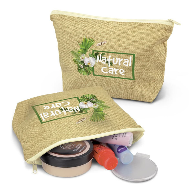 A tan cosmetic bag with floral design, partially open to reveal various beauty products inside.